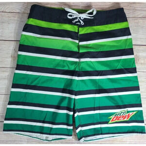 Mountain Dew Board Swim Shorts Men's Size 32 Green Black White Striped Summer